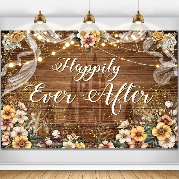 Happily Ever After Backdrop Bridal Shower Wedding Party Brown Wood Photography Background Boho Floral Golden Rose Dots Wedding Decor Banner Photo Studio Props