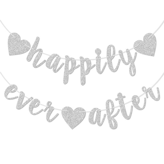 Happily Ever after Banner Engagement Bridal Shower Wedding Party Decorations Pre-Strung Silver Glitter