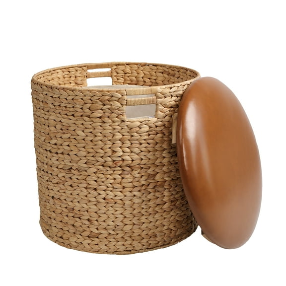 happimess Josie 18" Modern Coastal Hand-Woven Hyacinth Storage Ottoman with Lid, Natural/Brown, SSL1003A