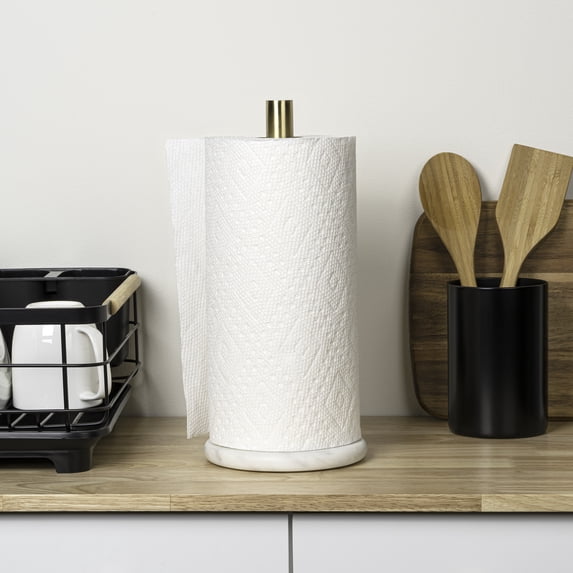 happimess PRH2000D Avery Modern Classic Metal with Non Slip Weighted Marble Base Paper Towel Holder, White/Gold
