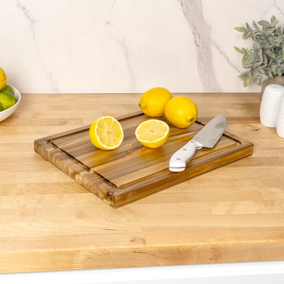 Happimess CUT1003A Eldridge Small 14 in. W x 10 in. D Handcrafted Acacia Wood Grain Thick Reversible Cutting Board with Juice Grooves, Natural