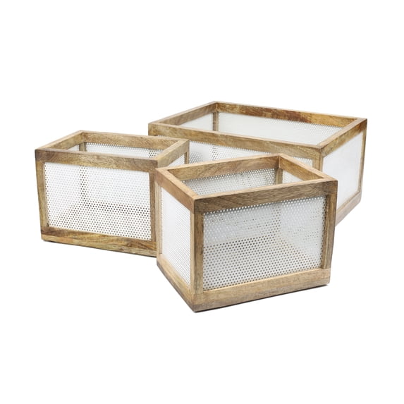 happimess BSK3005A-3SET Fallon Modern Minimalist Handmade Wooden Metal Nesting Storage Baskets, White/Natural (Set of 3)