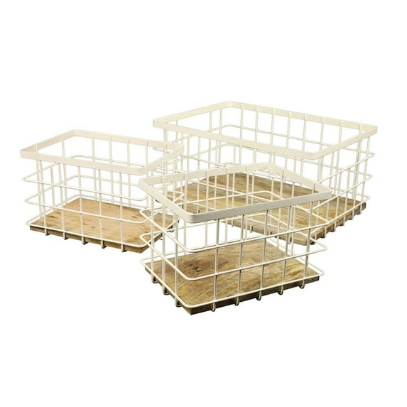 happimess BSK3004C-3SET Evvie Vintage Farmhouse Handmade Wire Metal Nesting Storage Baskets with Wood Base, Almond/Natural (Set of 3)