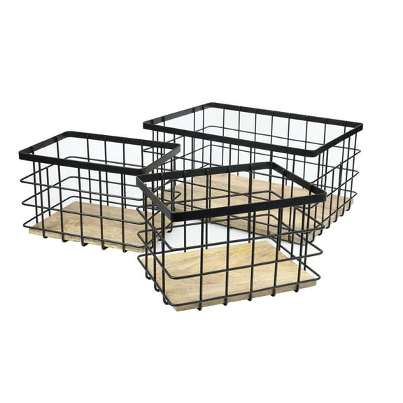 happimess BSK3004A-3SET Evvie Vintage Farmhouse Handmade Wire Metal Nesting Storage Baskets with Wood Base, Black/Natural (Set of 3)