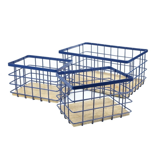 happimess BSK3004D-3SET Evvie Vintage Farmhouse Handmade Wire Metal Nesting Storage Baskets with Wood Base, Navy/Natural (Set of 3)