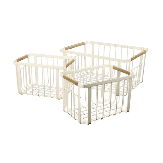happimess BSK3003C-3SET Henley Vintage Farmhouse Handmade Wire Metal Nesting Storage Baskets with Jute Wrapped Handles, Almond (Set of 3)