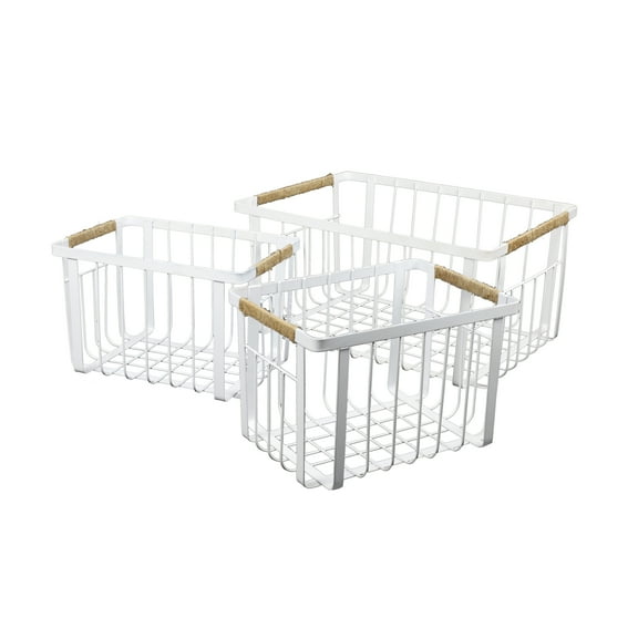 happimess BSK3003B-3SET Henley Vintage Farmhouse Handmade Wire Metal Nesting Storage Baskets with Jute Wrapped Handles, White (Set of 3)