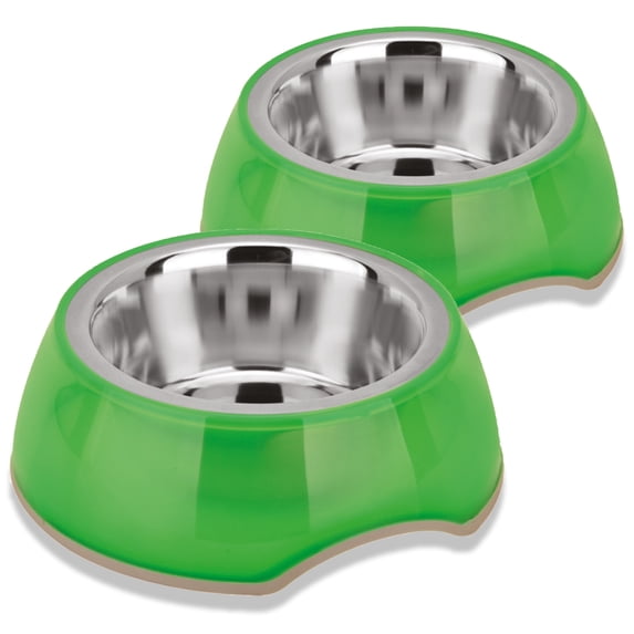 Happinesque 2Pc Stainless Steel Dog & Cat Bowls with Pellucid Plastic, Anti Skid, Non Tip, 4 Cups (Green)