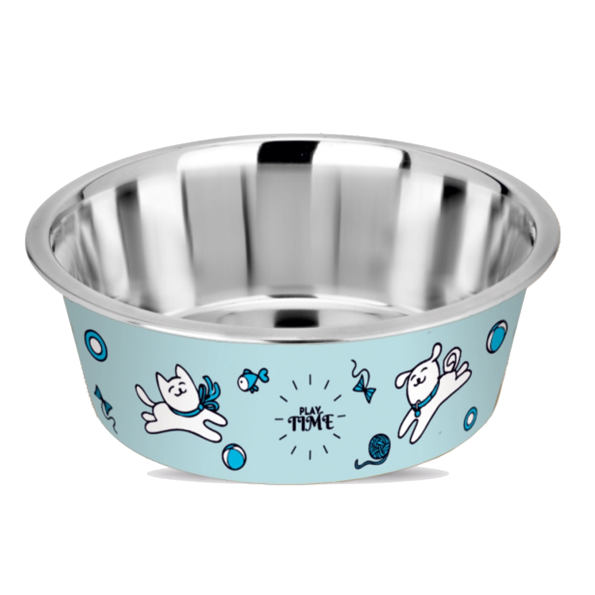 Happinesque 1Pc Stainless Steel Dog & Cat Bowl, Anti Skid, 1.5 Cups (Pale Turquoise Playtime Print)