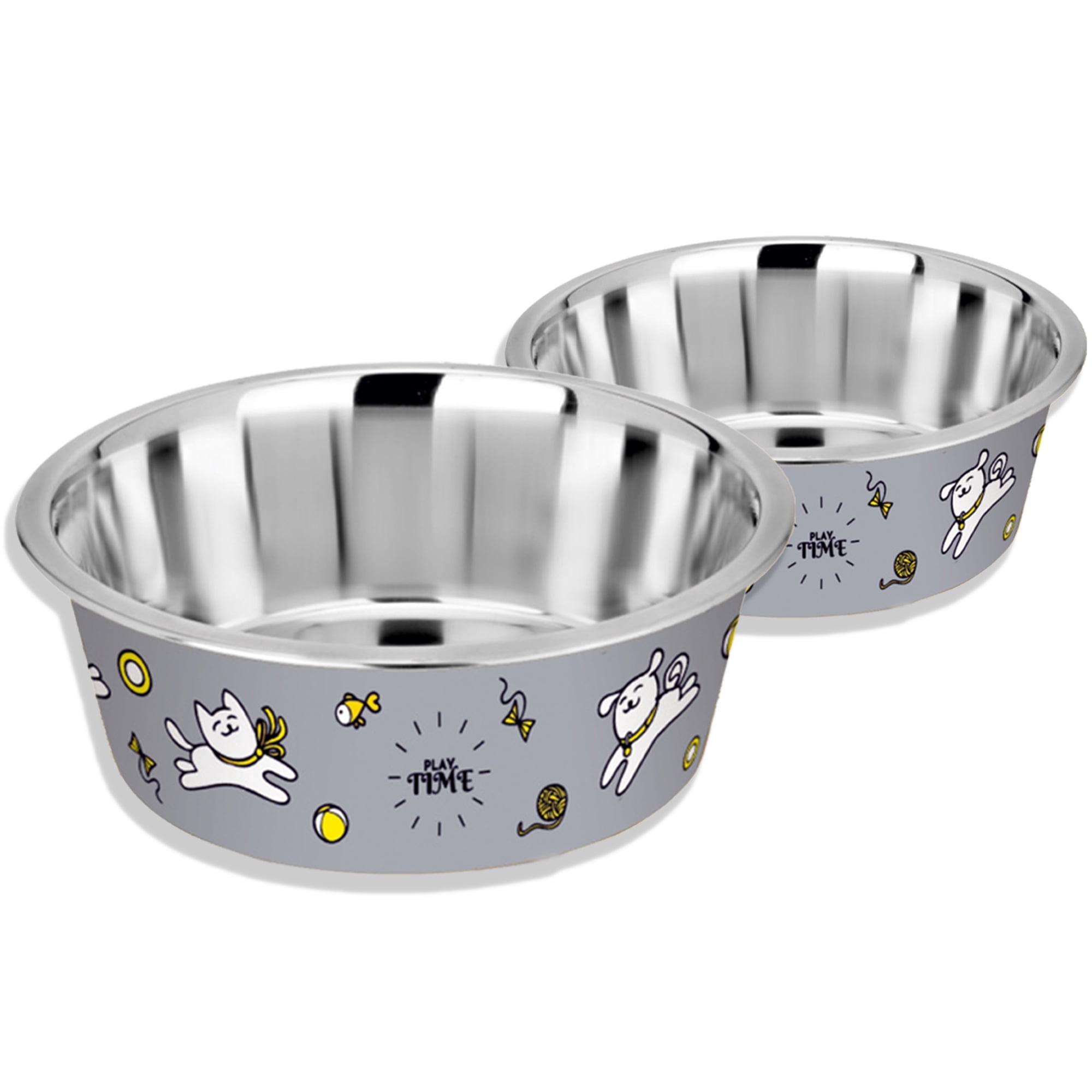 Happinesque 2Pc Stainless Steel Dog & Cat Bowls, Anti Skid, 3 Cups (Rhino Gray Playtime Print)