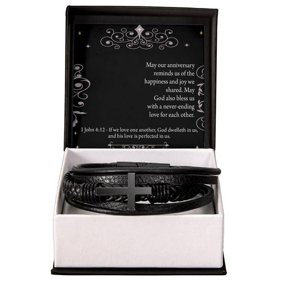 Happiness 1 John 4:12 Men's Stainless Steel & Vegan Leather Cross Bracelet - Vegan Leather with Stainless Steel