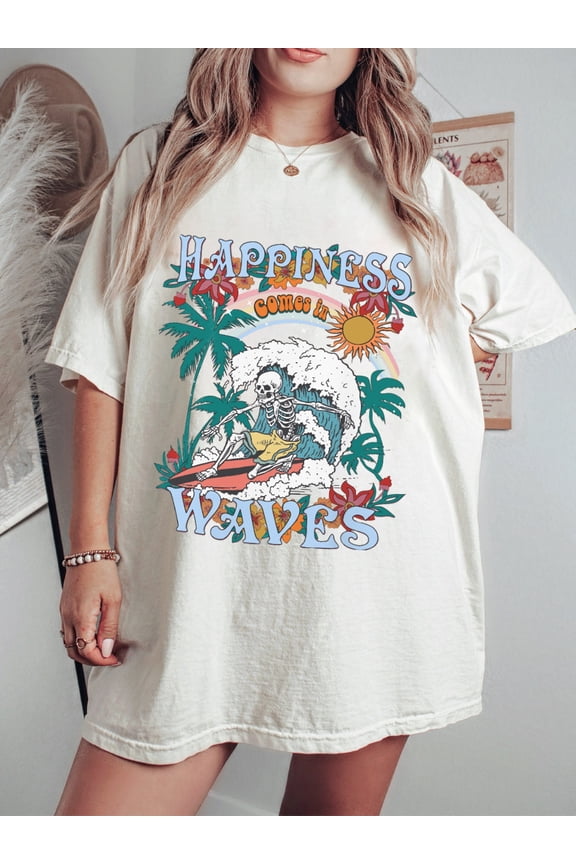 Happiness Comes in Waves Skeleton Surfing Shirt
