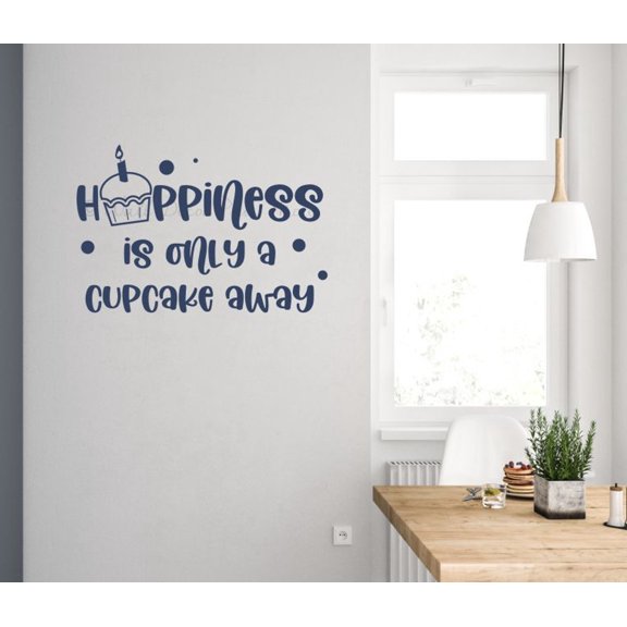 Happiness Is Only Cupcake Away Quotes Wall Decor for Cafe Dining Room Bakery - Die-Cut Vinyl Wall Art Lettering - Kitchen Wall Stickers - Funny Quote Decals for Wall, 23x15.5, Deep Blue