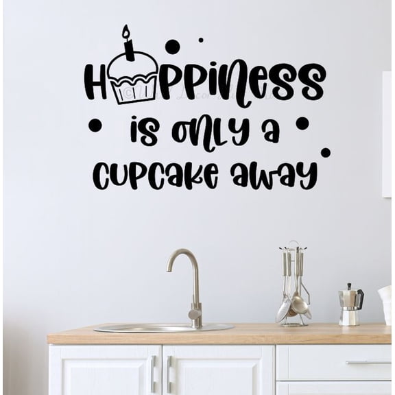 Happiness Is Only Cupcake Away Quotes Wall Decor for Cafe Dining Room Bakery - Die-Cut Vinyl Wall Art Lettering - Kitchen Wall Stickers - Funny Quote Decals for Wall, 23x15.5, Black