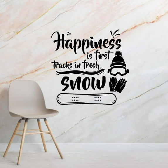 Happiness Is First Tracks In Fresh Snow - Quote Beautiful Snowboarder Silhouette Quote Vinyl Wall Sticker Art Decal Girls Boys Kids Room Design Bedroom Winter Sport Decoration Size (40x24 inch)