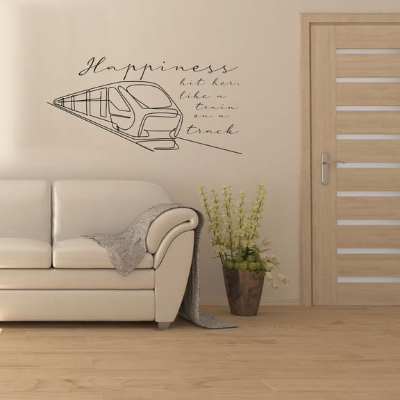 Happiness Hit Her Like A Train On Track - Train Quote Train Silhouette Vinyl Wall Sticker Decal Wall Art Décor Home Room Kids Room Boys Girls Room Train Lover Living Room Decoration Size (22x30 inch)