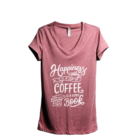 Happiness Is A Cup Of Coffee And A Good Book Women's Fashion Relaxed V-Neck T-Shirt Tee Heather Rouge 2X-Large