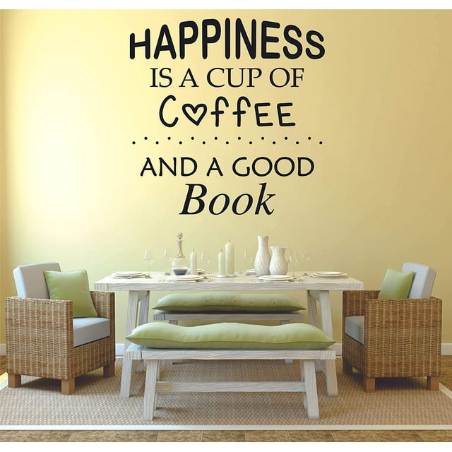 Happiness Is A Cup Of Coffee And A Good Book - Coffee Quotes Wall Stickers Cappuccino Mocha Latte Decor for Kitchen Dining Kitchen Cafe Wall Decals Stickers Wall Art Vinyl Decoration Size (10x10 inch)
