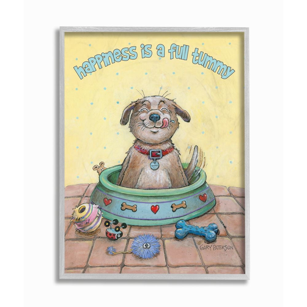 Happiness Is A Full Tummy Dog Funny Cartoon Pet Design Gray Farmhouse Rustic Framed Giclee Texturized Art by Gary Patterson