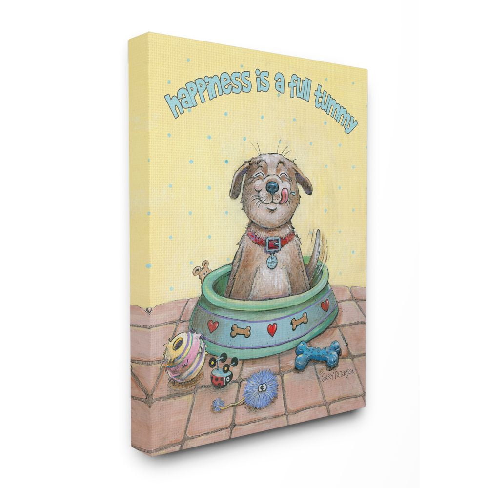 Happiness Is A Full Tummy Dog Funny Cartoon Pet Design Super Oversized Stretched Canvas Wall Art by Gary Patterson