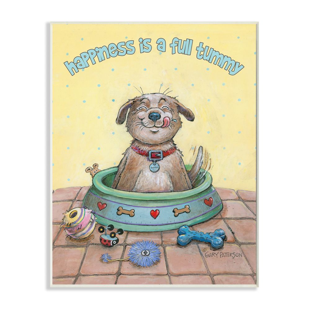 Happiness Is A Full Tummy Dog Funny Cartoon Pet Design Wall Plaque Art by Gary Patterson