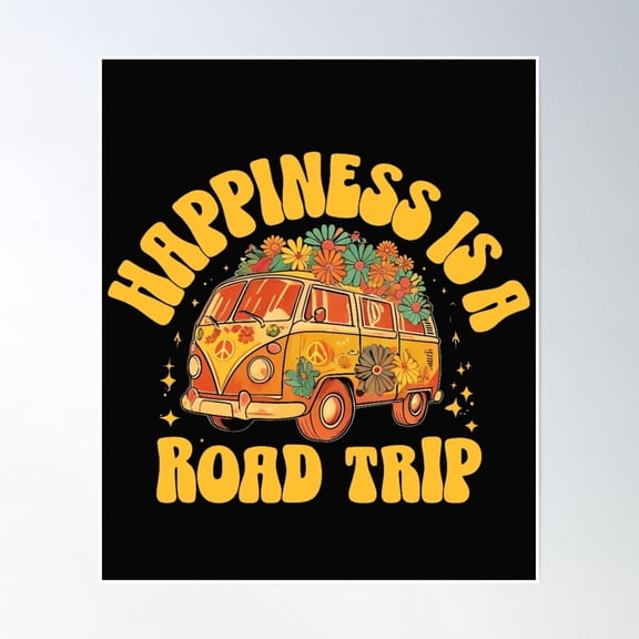Happiness Is A Road Trip Flower Van Poster Wall Art, Modern Wall Decor, 12x18 UNFRAMED
