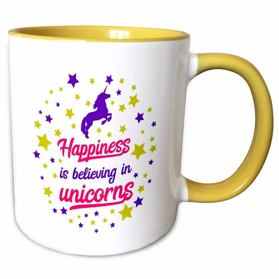 3drose, Happiness Is Believing in Unicorns Fantasy, Magical, 3drsmm, 15oz Two-tone Yellow Mug