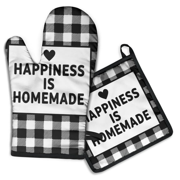 Happiness Is Homemade Kitchen Oven Mitt and Pot Holder Sets 2 Pcs for Baking, Cooking and Grilling, Heat Resistant Up To 392 °F
