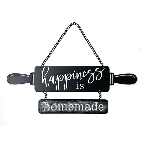 Happiness Is Homemade Metal Sign Rolling Pin Shape Wall Door Plaque Gift For Baker Kitchen Home Matte Black 13" x 9"