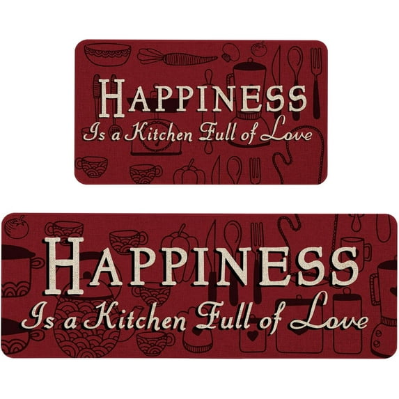Happiness is A Kitchen Full of Love Decorative Kitchen Mats Set of 2, Seasonal Holiday Party Low-Profile Floor Mat for Home Kitchen - 17x29 and 17x47 Inch