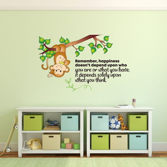 Happiness Monkey Animal Life Quote Cartoon Quotes Decors Wall Sticker Art Design Decal for Girls Boys Kids Room Bedroom Nursery Kindergarten Home Decor Stickers Wall Art Vinyl Decoration (8x10 inch)
