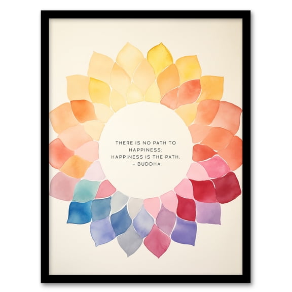Happiness is the Path Buddhist Mindfulness Quote Watercolour Mandala Buddha Meditation Enlightenment Vihara Art Print Framed Poster Wall Decor 12x16 inch