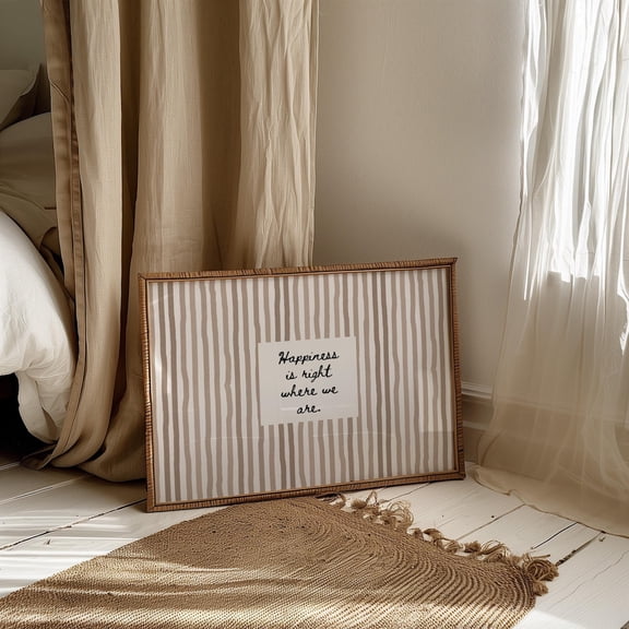 Happiness Printable Hand Drawn Poster: Neutral Striped Homely Wall Art, Horizontal Loving Quote Family Wall Print, Cozy Home Decor #138, Unframed Canvas Size 16x24