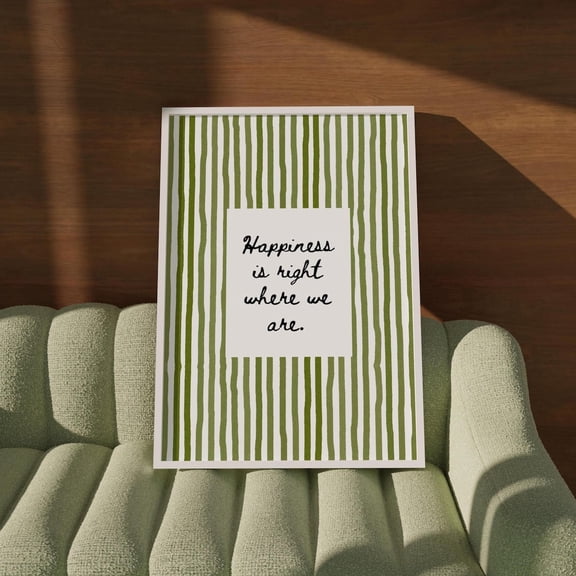 Happiness Printable Hand Drawn Poster: Olive Green Striped Homely Wall Art, Loving Quote Family Wall Print, Cozy Home Decor #129, Stretched Canvas Size 16x24