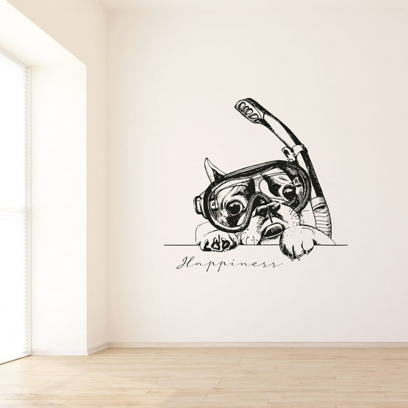 Happiness Quote Dog Snorkeling Snorkel Diving Swimming Underwater Vinyl Design Wall Sticker Wall Art Wall Decal Boy Girl Kid Room Pool Area Bedroom Home Decor Stickers Decoration Size (10x10 inch)