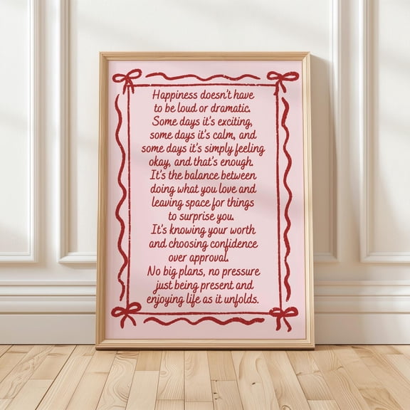 Happiness Quote Pink Red Typography Art Coquette Motivational Therapy Office Decor, Stretched Canvas 16x20in