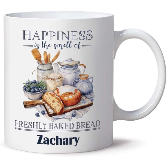 Happiness Is The Smell Of Freshly Baked Bread Mugs, Customized Name Pastry Chef On Coffee Cup, Personalized Cooking Lover White Ceramic Mug, Cake Teacup For Men & Women On Birthday