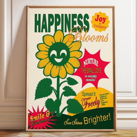 Happiness Sunflower Art Print Retro Flyer Pop Art Design Wall Decor Joyful Flower Art Poster
