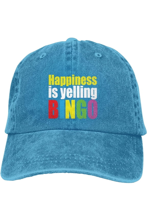 Happiness is Yelling Bingo Funny Hat Adjustable Denim Baseball Cap Black Dad Hat Men Women