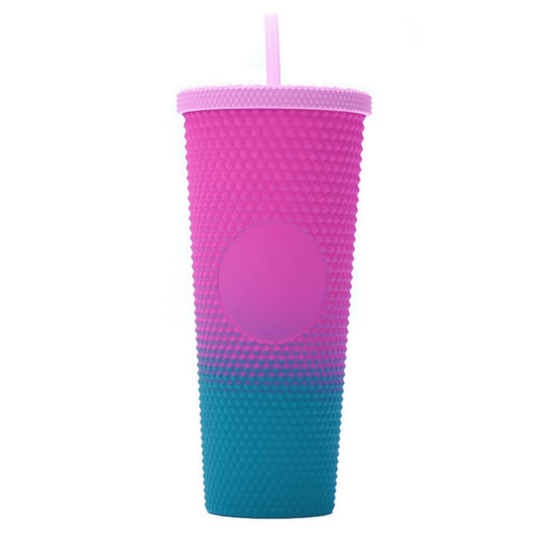 Happon 1 Pc Studded Tumbler with Lid & Straw, Plastic Cup for Iced Coffee,  Reusable, Iridescent, 24oz Drinking Tumblers, Gradient Pink Green 