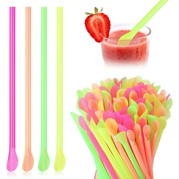 Happon 100 Pack Snow-Cone Spoon Straws, Mixed Colors Disposable Plastic Straw, 8"