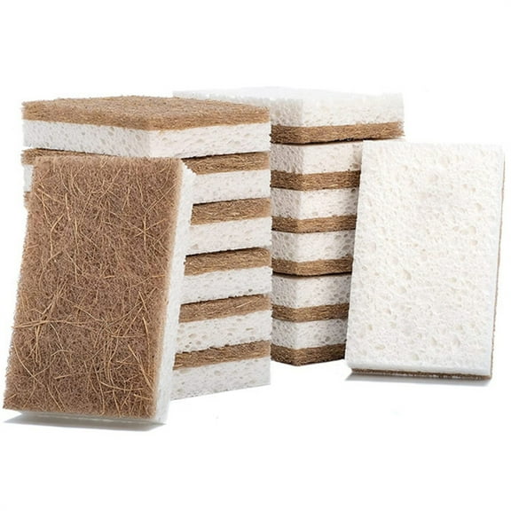 Happon 12 Pack Natural Kitchen Sponge -Natural Sponges for Dishes,Coconut Fiber and Wood Cellulose Sponges,Coconut Scrubbers for Household Cleaning