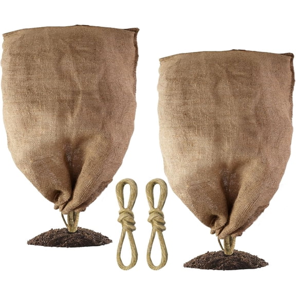Happon 2 Pack 40" 24" Burlap Plant Covers Freeze Protection Bags,Large Winter Plant Frost Protector with String,Reusable Tree Freeze Blanket for Outdoor Garden Plants Trees Shrubs