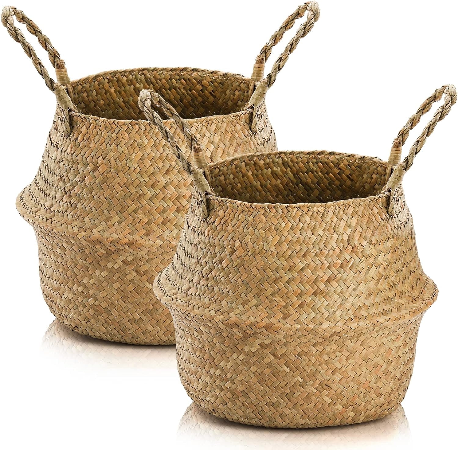 Happon 2 Pack Seagrass Belly Basket,Hand Woven Picnic Basket with Handles,Plant basket for Storage, Laundry, Picnic, Plant Pot Cover, & Toy Storage