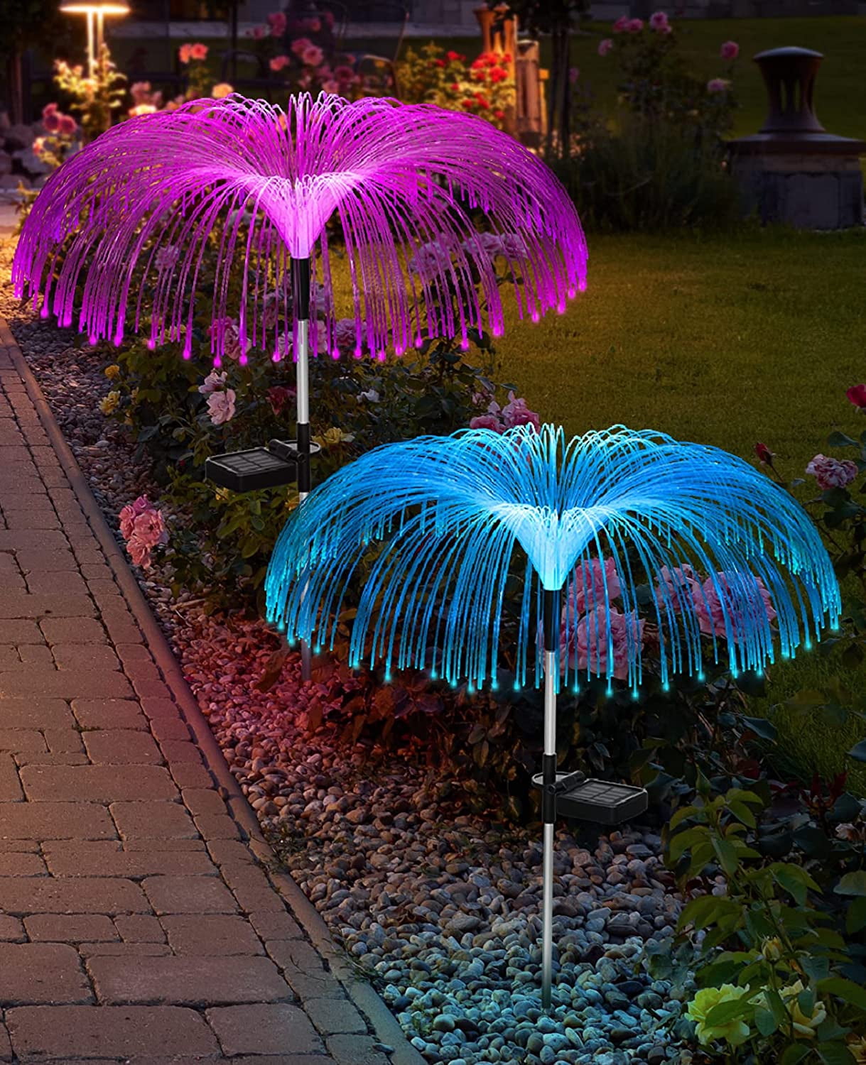 Happon 2 Pack Solar Outdoor Lights Decorative, Solar Flower Lights Jellyfish Fairy Lights Waterproof for Patio Yard Backyard Pathway Garden Decor, 7 Color Change Christmas Decorations