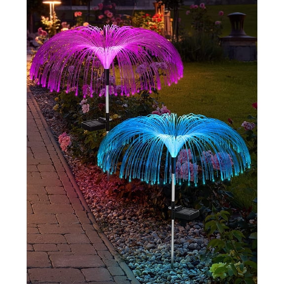 Happon 2 Pack Solar Outdoor Lights Decorative, Solar Flower Lights Jellyfish Fairy Lights Waterproof for Patio Yard Backyard Pathway Garden Decor, 7 Color Change Christmas Decorations