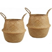 Happon 2 Pcs Seagrass Belly Basket Handmade Organizer Home Storage Woven Foldable with Handle for Toys Laundry Picnic Plant Pots Beach Bag -Foldable Laundry Basket Toys Storage Natural