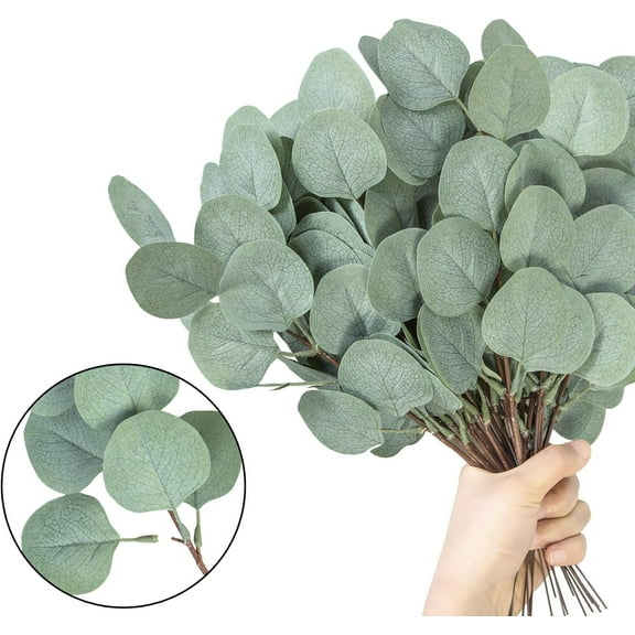 Happon 20 Pcs Eucalyptus Artificial Flowers, Eucalyptus Stem Leaves Branches, Plastic Decorative Faux Fake Green Eucalyptus Bouquets Foliage Plants for Wedding Garden Home Indoor Outdoor Decoration