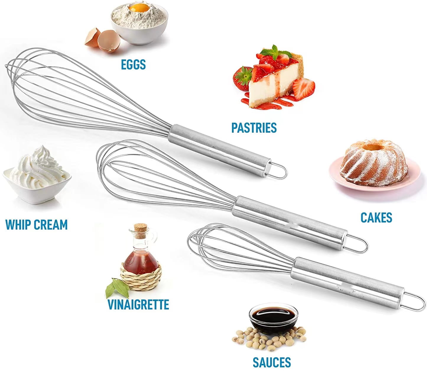 Happon 3 Pcs Large Small Metal Mini Whisk Sets, Stainless Steel Egg