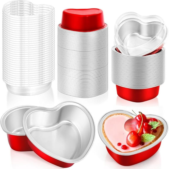 Happon 30 Pieces Aluminum Cake Pans with Lids,Heart Shaped Foil Cupcake Cups 100ml 3.4oz Mini Baking Pans for Valentines Mother's Day Wedding Christmas Birthday Anniversaries(Red)
